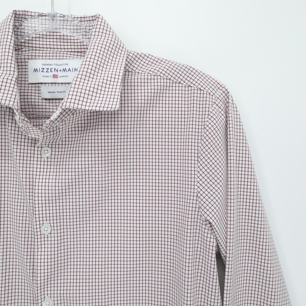 Mizzen Main Shirt Men Medium Trim Fit Burgundy Check Performance Business Casual